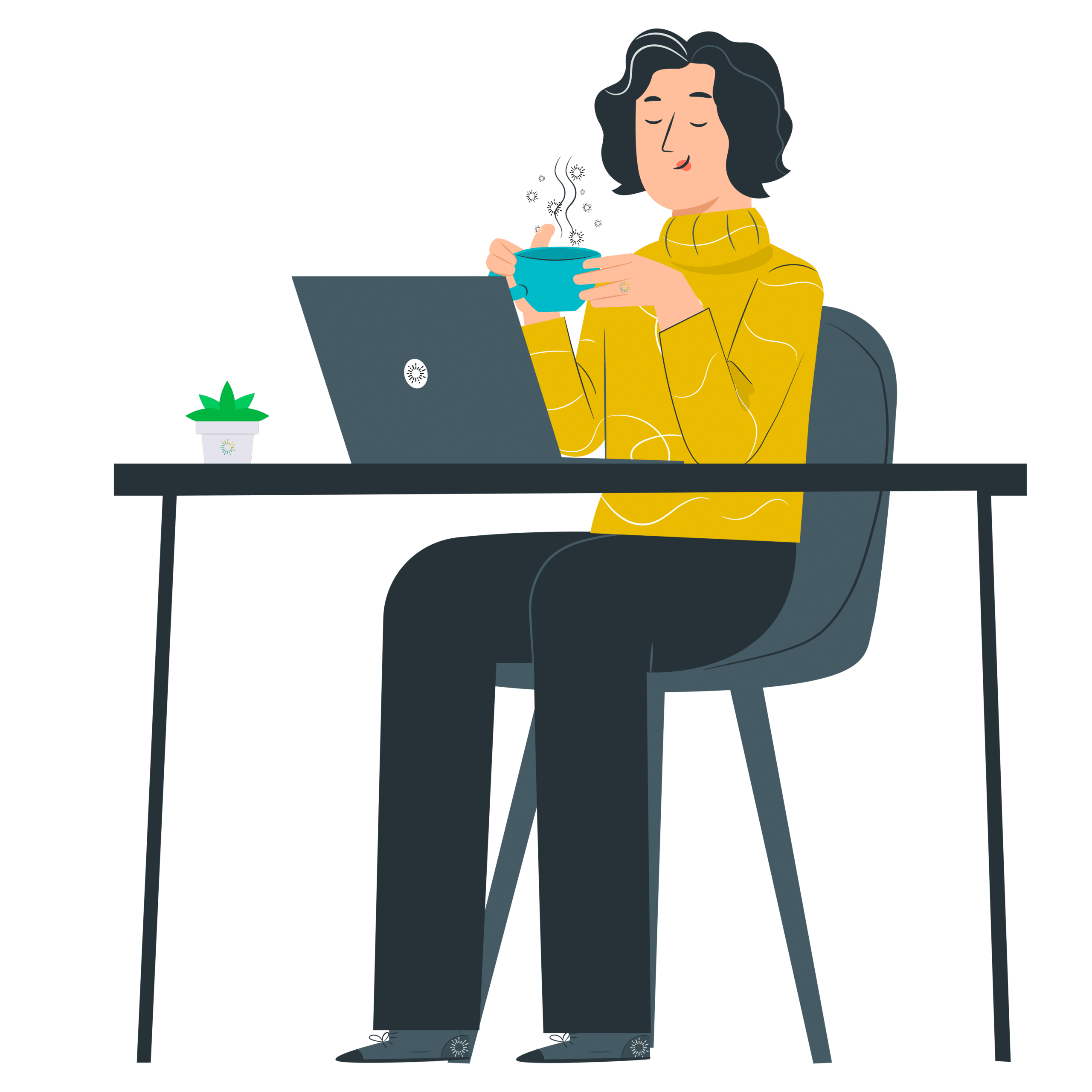 Woman sitting at computer sipping hot coffee